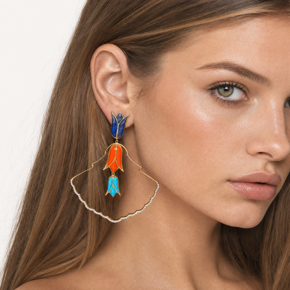 The Lotus Portal Earrings on model