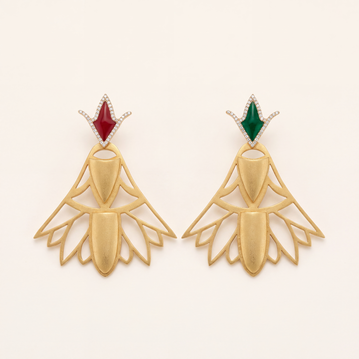 Emerald Bloom of Nefertari Earrings flatlay — both editions